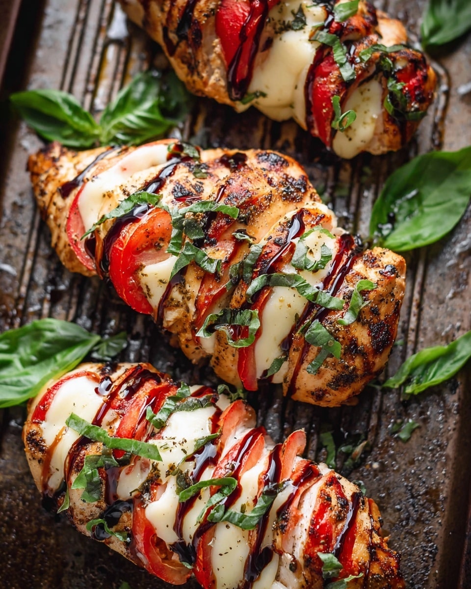 The image shows three pieces of cooked chicken breasts arranged on a dark metal grill pan with grill marks. Each chicken breast is sliced with thin layers alternating between white melted cheese, bright red tomato slices, and fresh green basil leaves. The top is drizzled with a thick dark balsamic glaze. The chicken looks tender and slightly browned on the edges, and the basil leaves are scattered on and around the chicken for a fresh touch. photo taken with an iphone --ar 4:5 --v 7