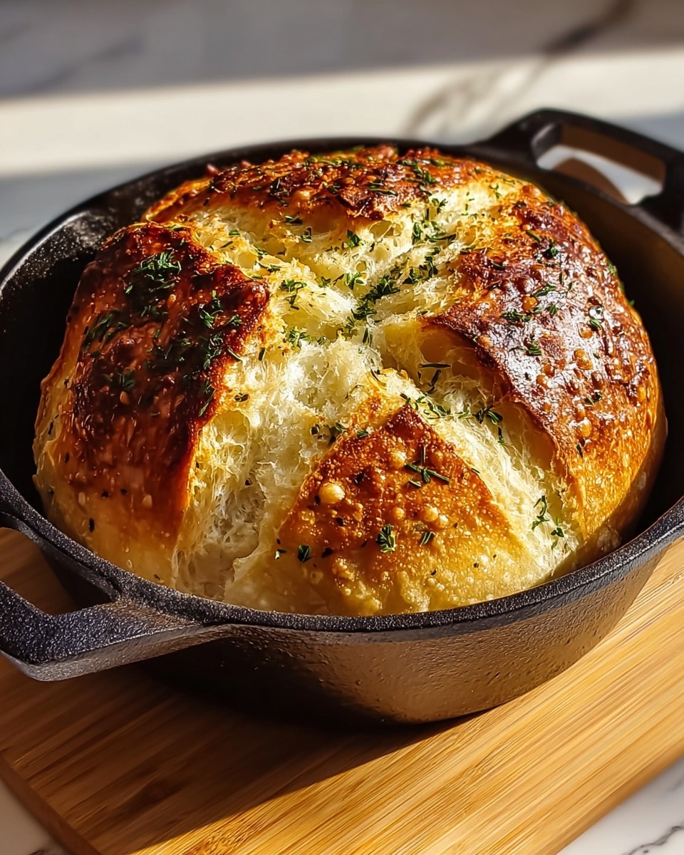 A round loaf of bread with a golden-brown crust sits on a wooden surface. The top has deep, jagged cuts creating uneven segments that reveal a fluffy, light beige interior. Scattered on the crust are small, dark green herb flakes and tiny bits of garlic, adding texture and color contrast. The lighting highlights the crispy, slightly blistered spots on the bread’s surface, showing a homemade, rustic look. The background is softly blurred, focusing attention on the bread. photo taken with an iphone --ar 4:5 --v 7