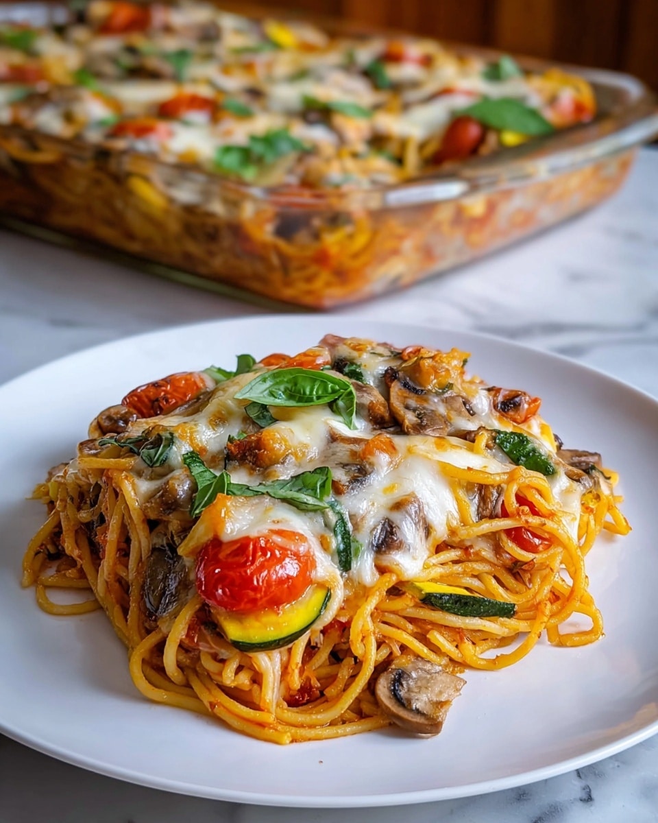 A white plate holds a serving of baked spaghetti with three main layers visible: the bottom layer is a tangle of bright orange-red spaghetti mixed with yellow squash and zucchini slices, the middle layer shows cooked mushrooms and halved cherry tomatoes adding brown and red spots, and the top layer is melted white cheese blanketing the pasta and vegetables, sprinkled with fresh green basil leaves. The dish appears moist and cheesy with a warm, colorful look. In the background, a glass baking dish also contains the same baked spaghetti on a white marbled surface. photo taken with an iphone --ar 4:5 --v 7