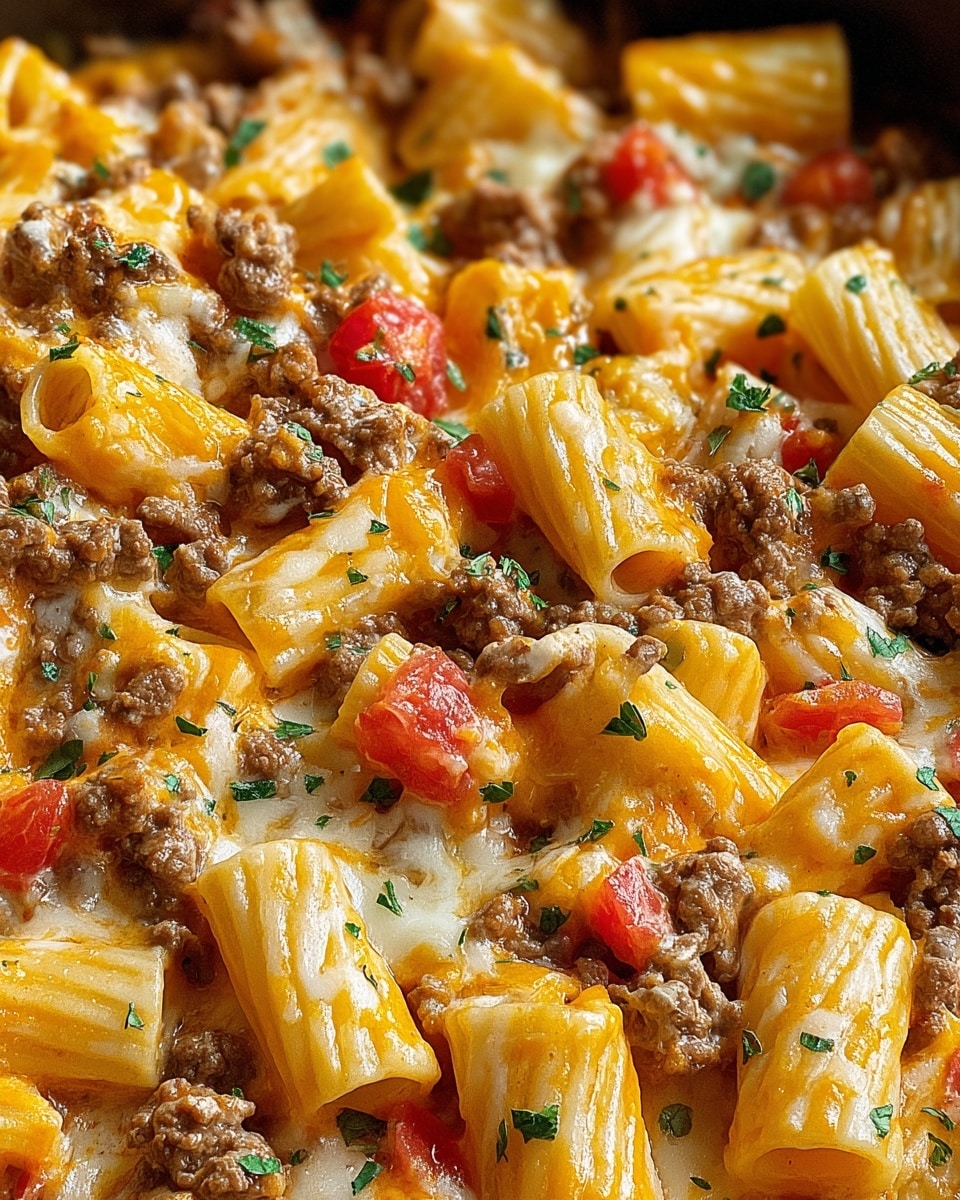This close-up image shows a dish with several layers: the base layer is pale yellow rigatoni pasta tubes, cooked but firm, scattered across the scene. Mixed in are small chunks of browned ground meat, evenly spread throughout. Bright red diced tomatoes add small pops of color atop the pasta and meat. The whole dish is coated with a creamy, slightly orange sauce that glistens under the light. Chopped green herbs are sprinkled gently over the top, adding fresh contrast. The texture glows with slight oiliness and hints of melted cheese, creating a rich, hearty look. Photo taken with an iphone --ar 4:5 --v 7