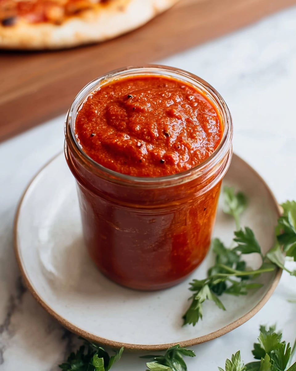 A clear glass jar filled to the top with thick, bright red sauce that has a slightly chunky texture with small black specks visible throughout. The jar is placed on a clean white plate which rests on a white marbled surface. Around the plate, there are a few fresh green parsley leaves adding a touch of natural color. Part of a wooden board with a pizza slice is blurred in the background. photo taken with an iphone --ar 4:5 --v 7