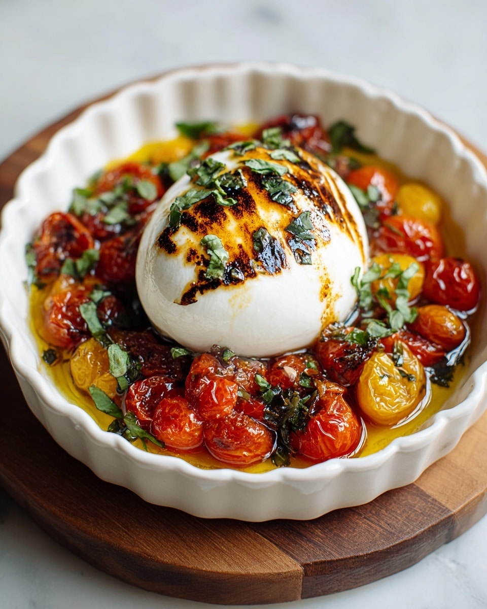 A round white bowl with scalloped edges sits on a wooden board, filled with roasted red and yellow cherry tomatoes in a layer of golden olive oil, topped by a large smooth ball of white burrata cheese that is lightly charred on top with dark grill marks and scattered with chopped fresh green basil leaves, the tomatoes glistening and slightly wrinkled from roasting, all placed on a white marbled surface photo taken with an iphone --ar 4:5 --v 7