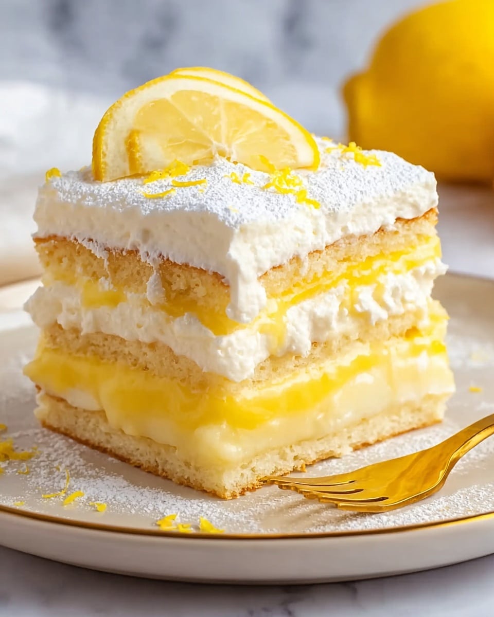 The image shows a square slice of lemon cake with four visible layers. The bottom layer is a light yellow sponge cake soaked with lemon syrup, followed by a thick creamy yellow lemon curd layer that oozes slightly. Above that is another layer of the same light yellow sponge cake, topped by a thick white whipped cream layer dusted with powdered sugar. The top is decorated with a thin lemon slice and small grated lemon zest. The cake rests on a white plate with a gold rim, set on a white marbled surface, and a gold fork lies beside the cake. Photo taken with an iphone --ar 4:5 --v 7