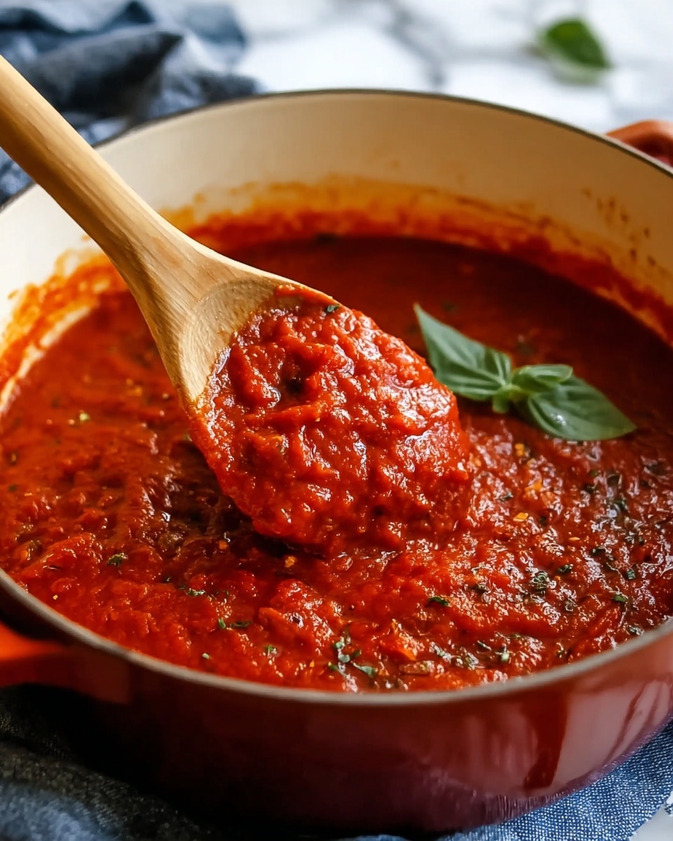 A close-up view of a thick, rich tomato sauce in a white pot with a red outside. The sauce is bright red with visible chunks of tomatoes and small green herb pieces mixed in. A wooden spoon is lifting a scoop of the sauce, showing its dense, slightly chunky texture. One green basil leaf floats on top near the center, adding a touch of color contrast. The pot rests on a blue and white cloth, and the background is a white marbled texture. Photo taken with an iphone --ar 4:5 --v 7
