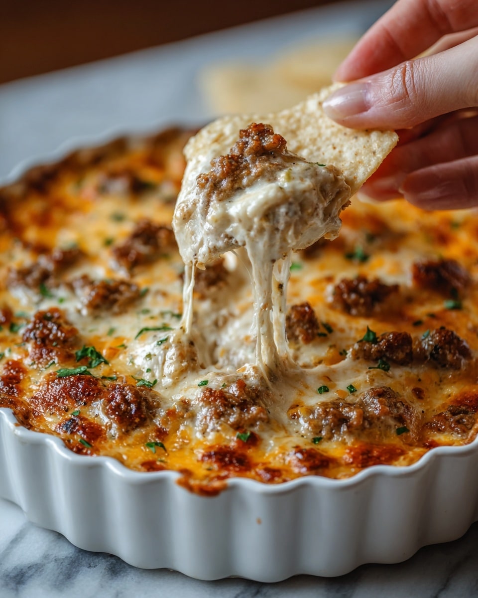 A white scalloped round dish filled with two layers of melted cheese and browned bits of cooked ground meat scattered on top, garnished with small pieces of green herbs; the top layer is golden and bubbly with some crispy browned spots, while a white tortilla chip is lifted by a woman's hand showing a thick, creamy cheese and meat mixture with stretchy melted cheese strings. The dish sits on a white marbled surface. photo taken with an iphone --ar 4:5 --v 7