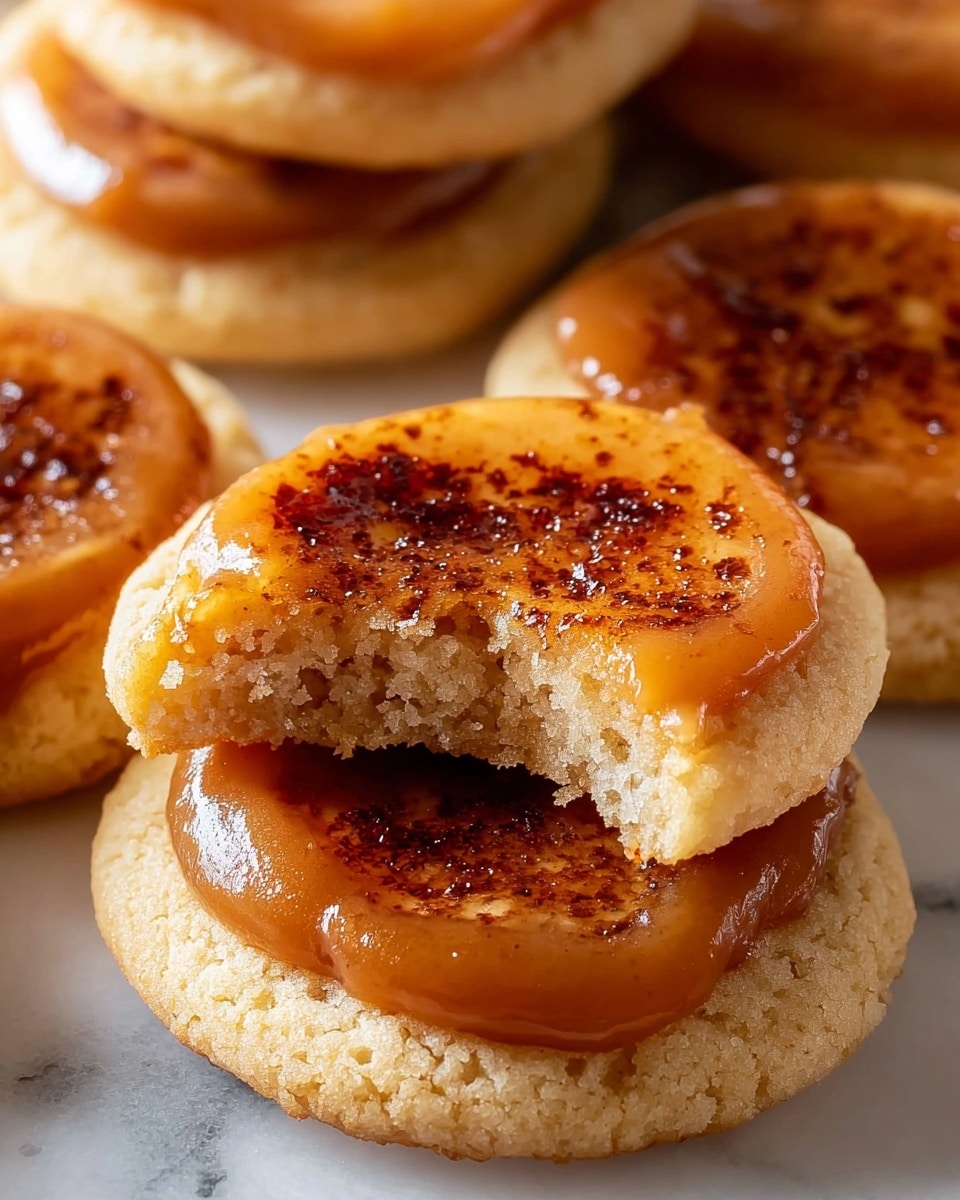 The image shows a close-up of several round cookies with two layers each; the base layer is a soft, light golden cookie with a crumbly texture, while the top layer is a thick, caramel-colored spread that is glossy and appears slightly sticky. The caramel layer has a burnt sugar crust on top, creating a textured look with small dark brown spots scattered unevenly across the shiny surface. One cookie is stacked on another, with the top cookie having a bite taken out, revealing the soft, chewy inside of the cookie base and the smooth caramel top. The cookies are placed on a white marbled surface, filling the frame with warm, inviting tones. photo taken with an iphone --ar 4:5 --v 7