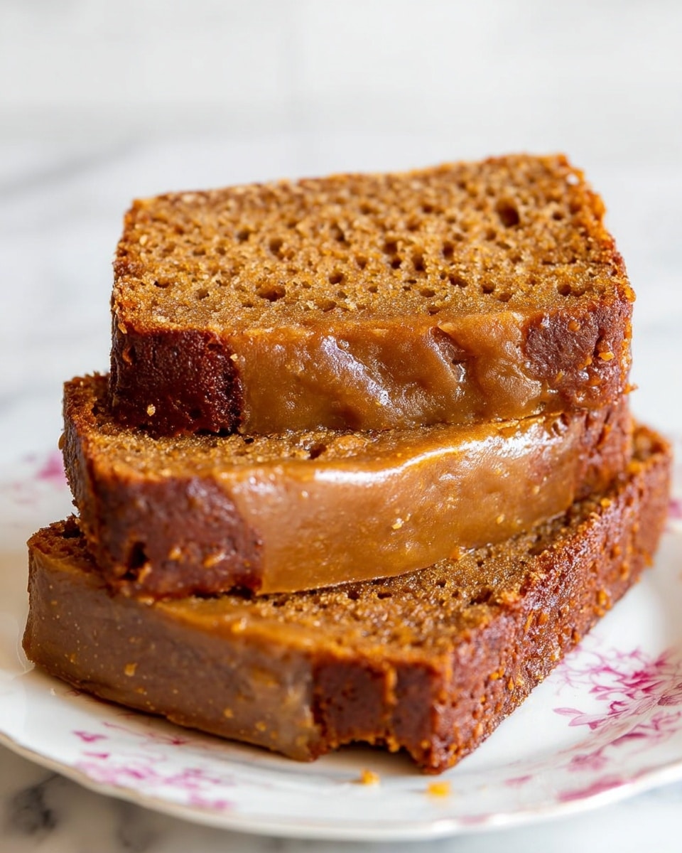The image shows three thick slices of a brown cake stacked on a white plate with a floral pattern, placed on a white marbled surface. The cake has two layers: the top layer is a dense, moist, textured brown crumb with visible small holes, while the bottom layer is a smoother, lighter brown with a slightly glossy finish. The sides of the cake slices have a crust with a darker brown color. The top slice is tilted, showing the crumbly texture more clearly. Photo taken with an iphone --ar 4:5 --v 7
