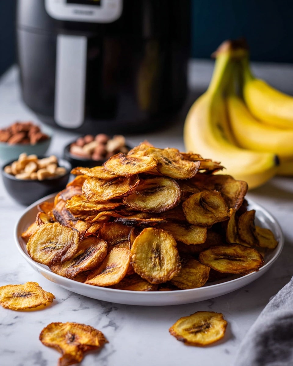 A white plate filled with a tall pile of golden brown, crispy banana chips with some darker spots showing they are well cooked. The banana chips are thin and curved, showing a crunchy texture with uneven edges. Around the plate, a few chips are scattered on a white marbled surface. In the background, there is a black air fryer and some yellow bananas lying on the table, as well as small bowls containing nuts and other ingredients slightly blurred. The lighting highlights the crispiness and color of the banana chips. Photo taken with an iphone --ar 4:5 --v 7