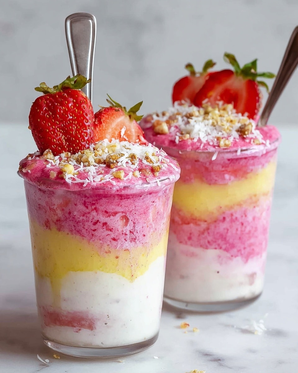 Two clear glass cups stand side by side on a white marbled surface, each filled with three visible layers; the bottom layer is white and creamy, the middle layer is light yellow, and the top layer is a thick, bright pink mixture that spills slightly over the sides. The pink layer is topped with finely shredded white coconut and small brown granola bits. Each cup is adorned with two halved bright red strawberries with green leaves, positioned on top. A silver spoon sticks straight up from the middle of each cup, adding height to the presentation. Photo taken with an iphone --ar 4:5 --v 7