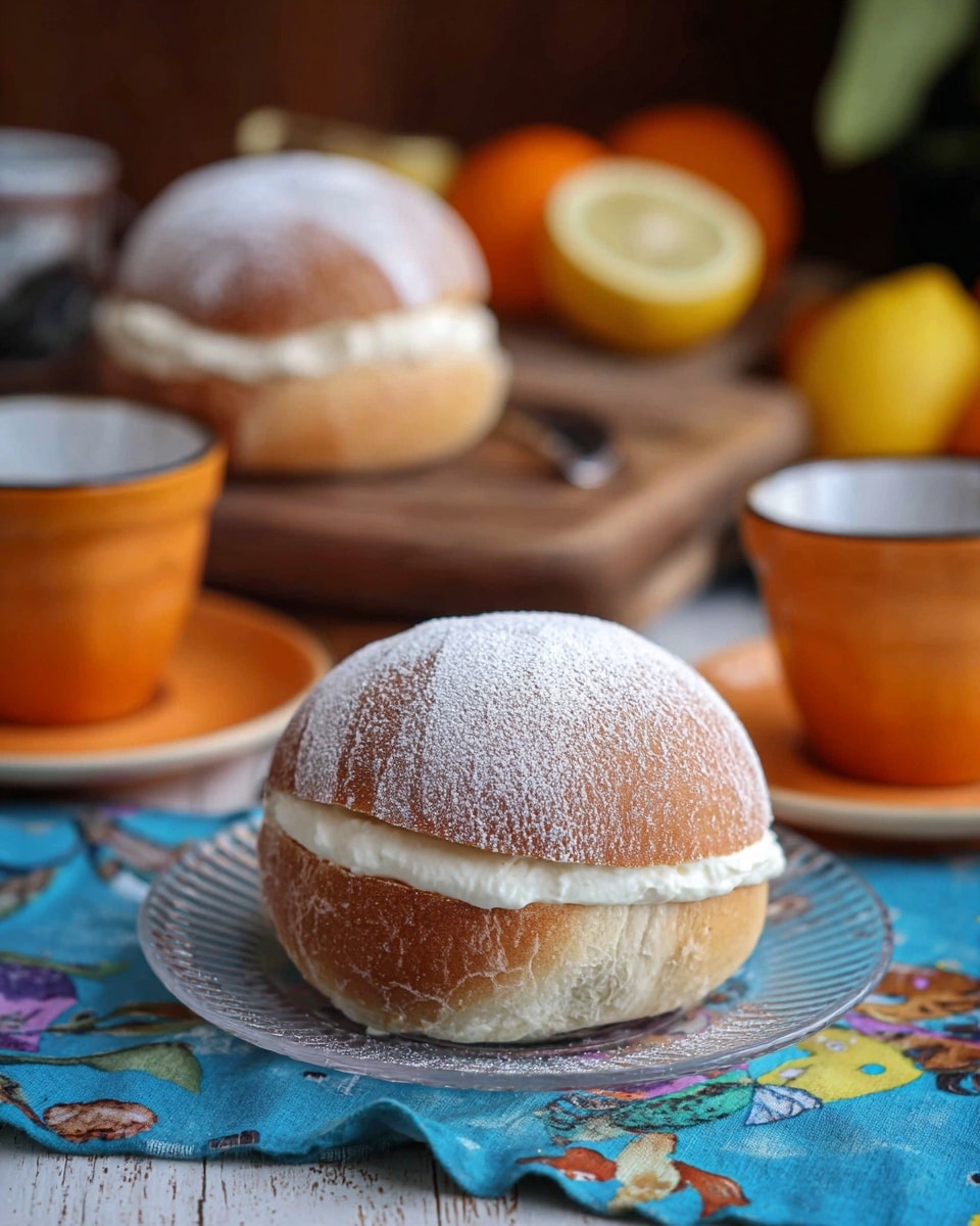 The image shows two round buns dusted with powdered sugar, each filled with a thick, white, creamy filling that splits the bun in the middle. One bun is placed on a clear glass plate on top of a blue cloth with colorful prints, while the other bun is on a wooden cutting board in the background. The buns have a soft, golden-brown crust and a fluffy texture. Around the buns, there are two small orange cups and saucers and some fruits including a lemon and an orange against a white marbled surface. The scene is warmly lit, giving a cozy and inviting feeling. photo taken with an iphone --ar 4:5 --v 7