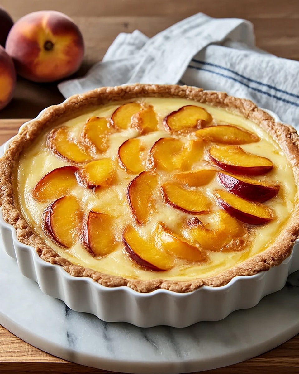 A white pie crust with a rough edge lines the bottom and sides of a white pie dish, filled with neatly arranged, bright orange peach slices standing upright around the edge, forming a circle. In the center, a thick, pale yellow creamy mixture is being poured from a clear glass bowl, flowing smoothly over the peach slices. The whole scene is set against a white marbled textured surface. Photo taken with an iphone --ar 4:5 --v 7