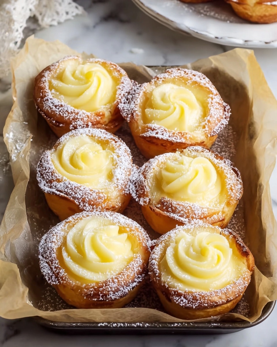 The image shows six small round pastries arranged in two rows inside a baking tray lined with parchment paper. Each pastry has a golden-brown, slightly crispy outer crust forming a small cup shape, filled with a thick, creamy yellow custard that is swirled on top in a smooth, rose-like pattern. A light dusting of powdered sugar covers the pastry edges, adding a soft white contrast to the yellow custard and brown crust. The tray is placed on a white marbled surface, and in the background on the upper right, there are more pastries visible on a white plate. Photo taken with an iphone --ar 4:5 --v 7