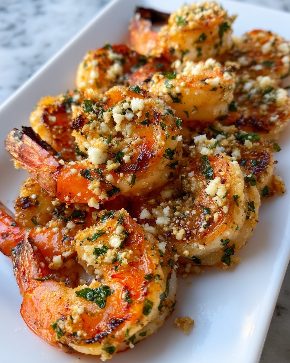 A close-up view of a white rectangular dish filled with grilled shrimp, showing about two layers. The shrimp are orange-pink with some charred spots adding texture. Each shrimp is covered with a crumbly topping of finely chopped garlic, herbs, and small bits of cheese, creating a rough, grainy look. Bright green parsley bits are scattered evenly on top, mixed into the garlic and cheese crumbs. The shrimp curls are stacked closely, with shiny, slightly wet surfaces reflecting light. The dish rests on a white marbled surface. Photo taken with an iphone --ar 4:5 --v 7