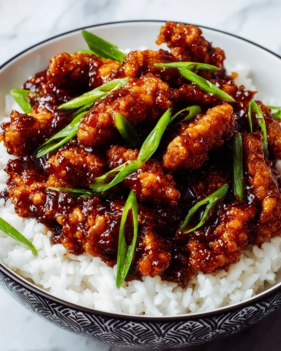The image shows a bowl with a base layer of soft, white steamed rice that has a fluffy texture. On top are several pieces of crispy, golden-brown fried chicken coated in a sticky, glossy dark reddish-brown sauce. Scattered across the chicken are small slices of fresh, bright green scallions adding a fresh contrast. The bowl is white with a black patterned edge, and the background is a white marbled texture. photo taken with an iphone --ar 4:5 --v 7