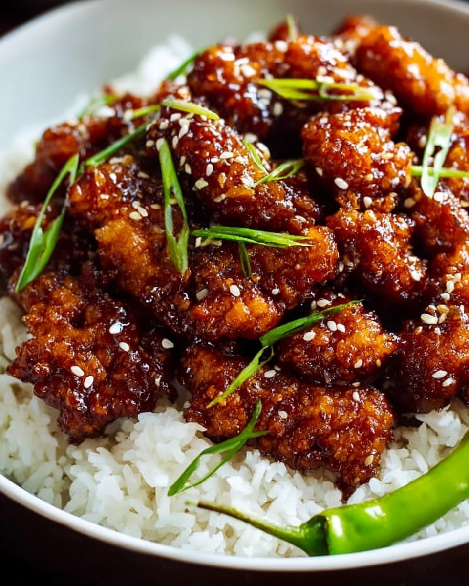 In a white bowl, there is a layer of fluffy white rice at the bottom, topped with a thick layer of golden-brown, crispy chicken pieces coated in a glossy dark brown sauce. The sauce is speckled with sesame seeds and small green onion slices scattered across the chicken, adding touches of green. A single long green pepper rests on the edge, slightly overriding the rice and chicken. The textures contrast between the soft rice and the sticky, crispy chicken pieces. photo taken with an iphone --ar 4:5 --v 7