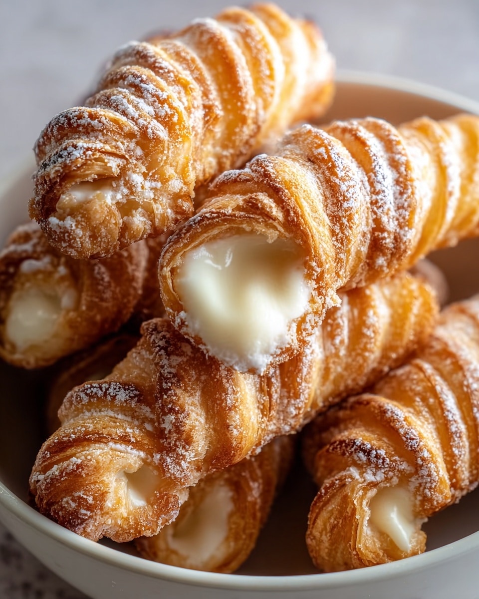 The image shows a close-up of several twisted pastries stacked inside a white bowl, each pastry having a golden-brown crispy outer layer with visible ridges and a light dusting of powdered sugar on top. The pastries appear filled with a creamy white filling seen slightly oozing through the twisted layers, creating a contrast between the crunchy texture and smooth cream. The surface of the pastries has a glossy look with varying shades of warm brown, highlighting the baked crispiness. The bowl rests on a white marbled textured surface. photo taken with an iphone --ar 4:5 --v 7