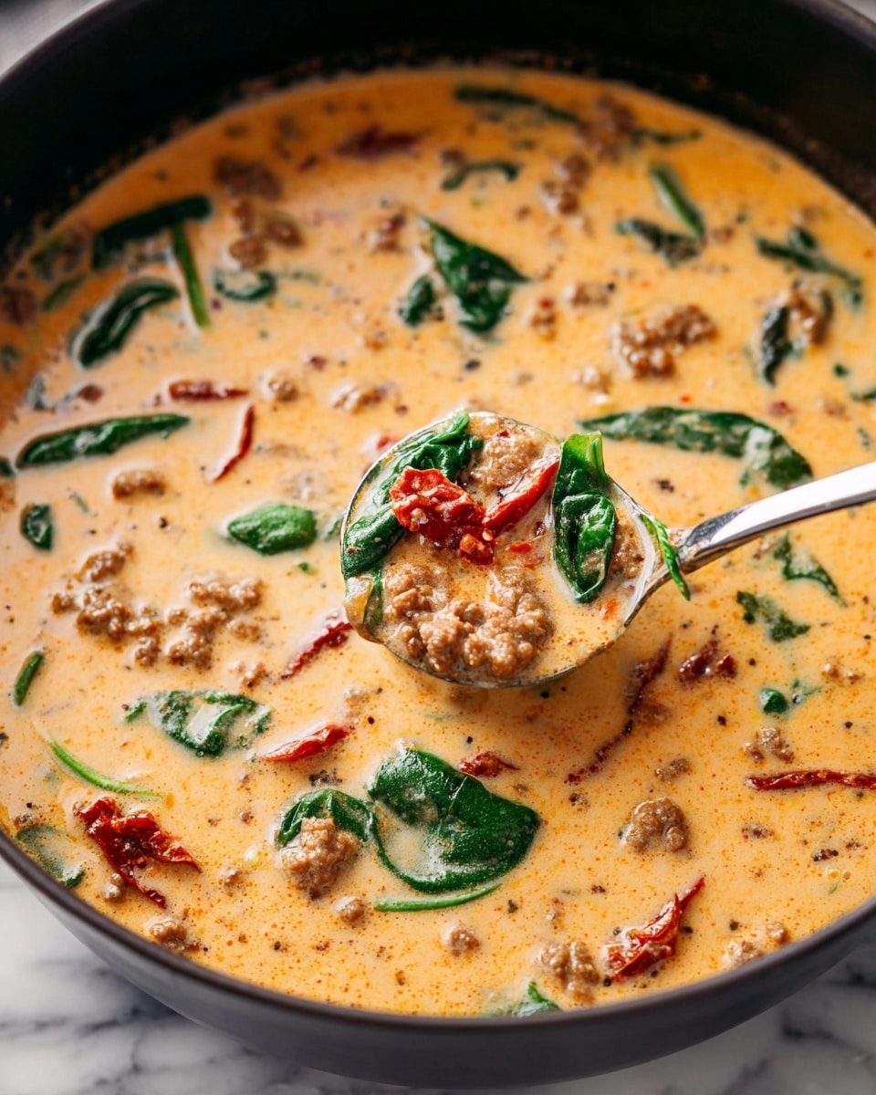 The dish is a thick, creamy soup with a light orange color filling a black pot. It contains visible layers including small brown crumbles of cooked meat scattered throughout, bright green leafy spinach pieces, and bits of red sun-dried tomatoes mixed in. The texture is smooth and rich, with tiny specks of black pepper and herbs evenly spread across the surface. A metal spoon is dipped into the soup, lifting some with spinach and tomato pieces visible, creating a sense of warmth and comfort. The background is a white marbled texture. photo taken with an iphone --ar 4:5 --v 7