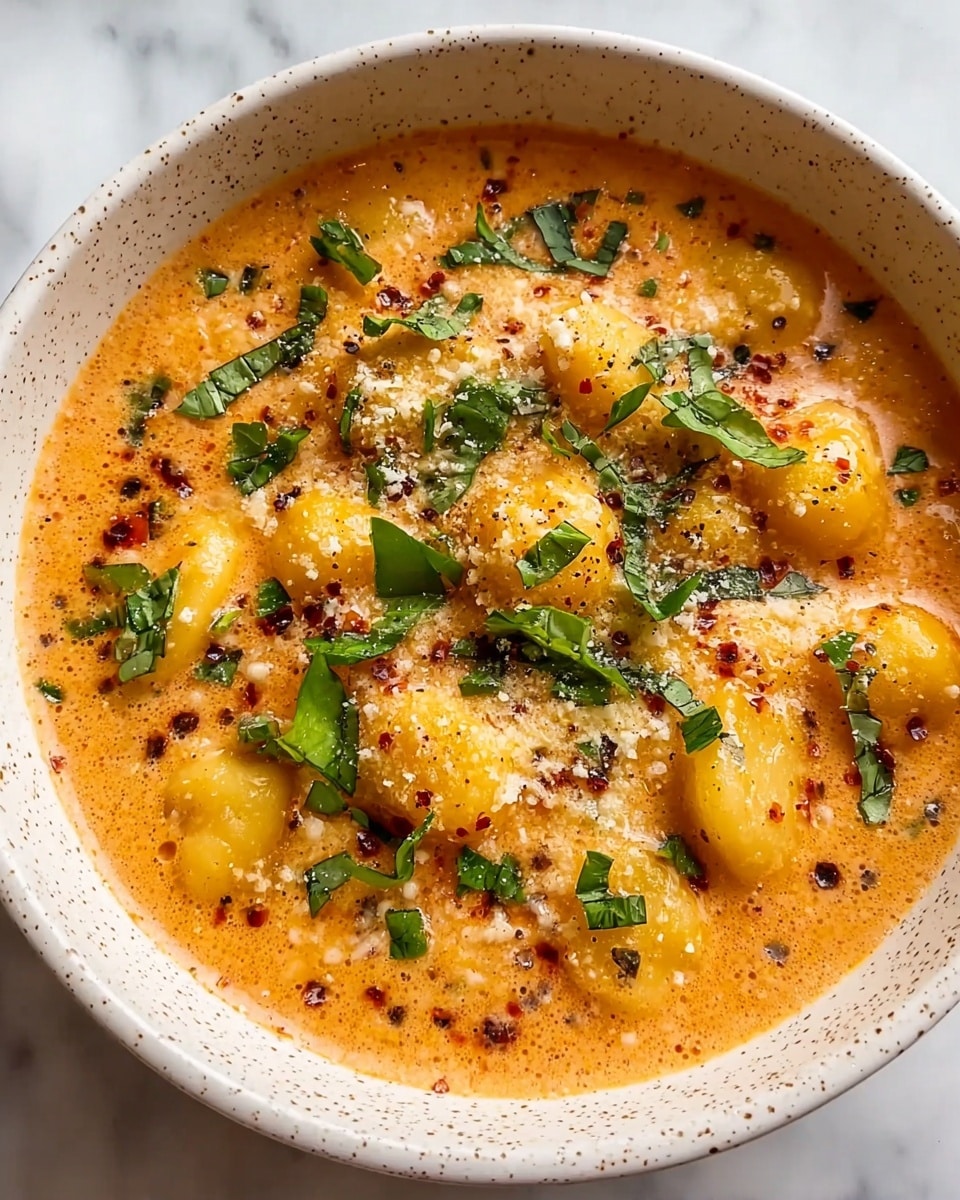 A close-up of a thick creamy orange soup with visible gnocchi pieces, some yellow and soft, floating throughout. The soup is dotted with small green herb leaves and finely chopped bits, along with some red pepper flakes and grated cheese sprinkled on top. The dish is served in a white speckled bowl, and the surface beneath is a white marbled texture. The herbs and toppings create a fresh and vibrant contrast against the rich orange soup base. Photo taken with an iphone --ar 4:5 --v 7
