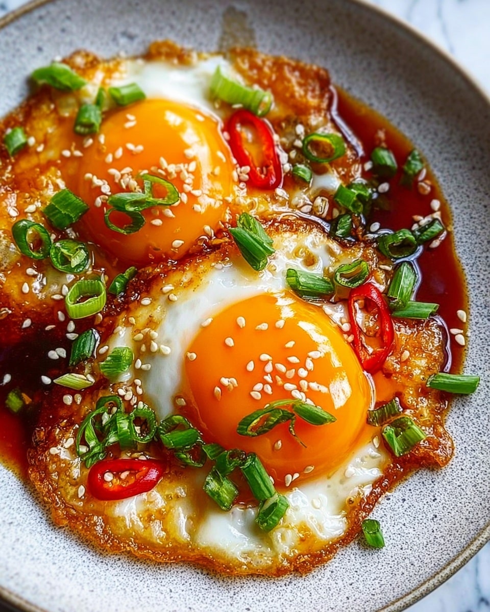 A close-up view of a black bowl filled with four sunny-side-up eggs with bright orange yolks and white edges, covered in a rich, glossy dark brown sauce. The eggs are sprinkled generously with chopped green onions, fresh cilantro leaves, and white sesame seeds, creating a contrast of green and white colors on top. The sauce adds a shiny, slightly sticky texture around the eggs, pooling lightly in the bowl. The whole dish looks vibrant and fresh against the bowl's dark surface and a white marbled background. photo taken with an iphone --ar 4:5 --v 7
