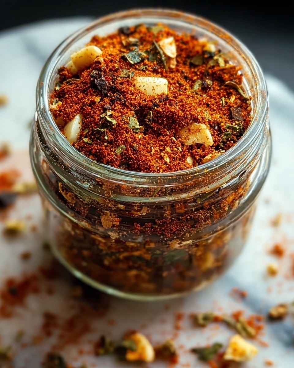 A clear glass jar filled with a coarse spice mix showing multiple layers of deep red and brown ground spices mixed with small chunks of white garlic and bits of green herbs scattered throughout. The top layer appears more vibrant with a fine, bright red powder dusted over the mixture, giving it a textured and rich appearance. The jar is set on a white marbled surface with some loose pieces of herbs and spices around it. The lighting highlights the details and colors inside the jar vividly. photo taken with an iphone --ar 4:5 --v 7
