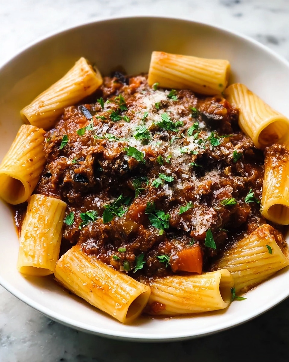 A white bowl filled with rigatoni pasta mixed with a rich, thick brownish-red meat sauce, containing chunks of minced meat and small pieces of vegetables like carrots and eggplants. The pasta tubes are large and smooth, lightly coated in the sauce, and arranged around the center. The sauce looks hearty and slightly oily, pooling at the bottom. A sprinkling of grated cheese and fresh green parsley is scattered on top, adding light texture and color contrast. The bowl sits on a white marbled surface. photo taken with an iphone --ar 4:5 --v 7