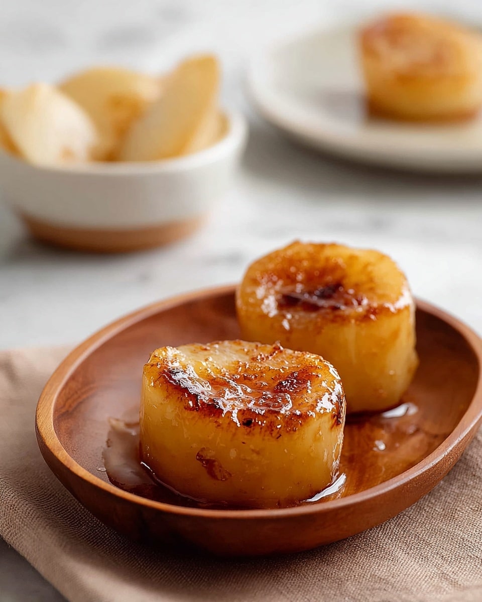 Two caramelized round pieces of roasted yellowish fruit or root vegetable with a glossy, slightly browned sugar crust sit on a shallow wooden plate. The plate rests on a soft light brown cloth atop a white marbled surface. In the background, there is a white bowl holding pale fruit slices and a white plate with a similar roasted piece, both blurred out. Photo taken with an iphone --ar 4:5 --v 7