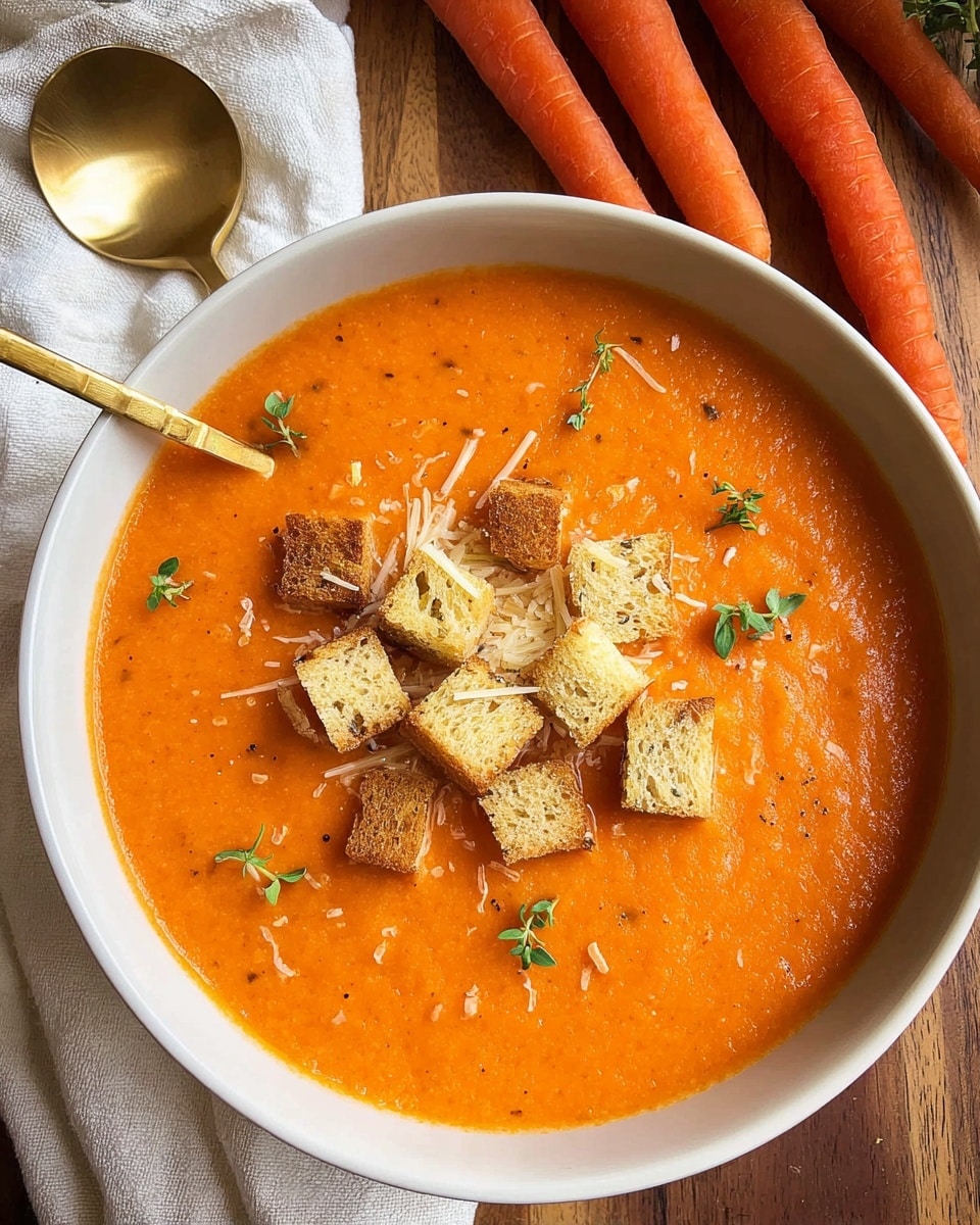 A white bowl filled with bright orange creamy soup, topped in the center with a small pile of golden brown croutons, light beige shredded cheese, and a few small green herb sprigs. A gold spoon is partially dipped into the soup on the left side of the bowl. The bowl is set on a wooden surface with a white cloth and two whole carrots in the background. photo taken with an iphone --ar 4:5 --v 7