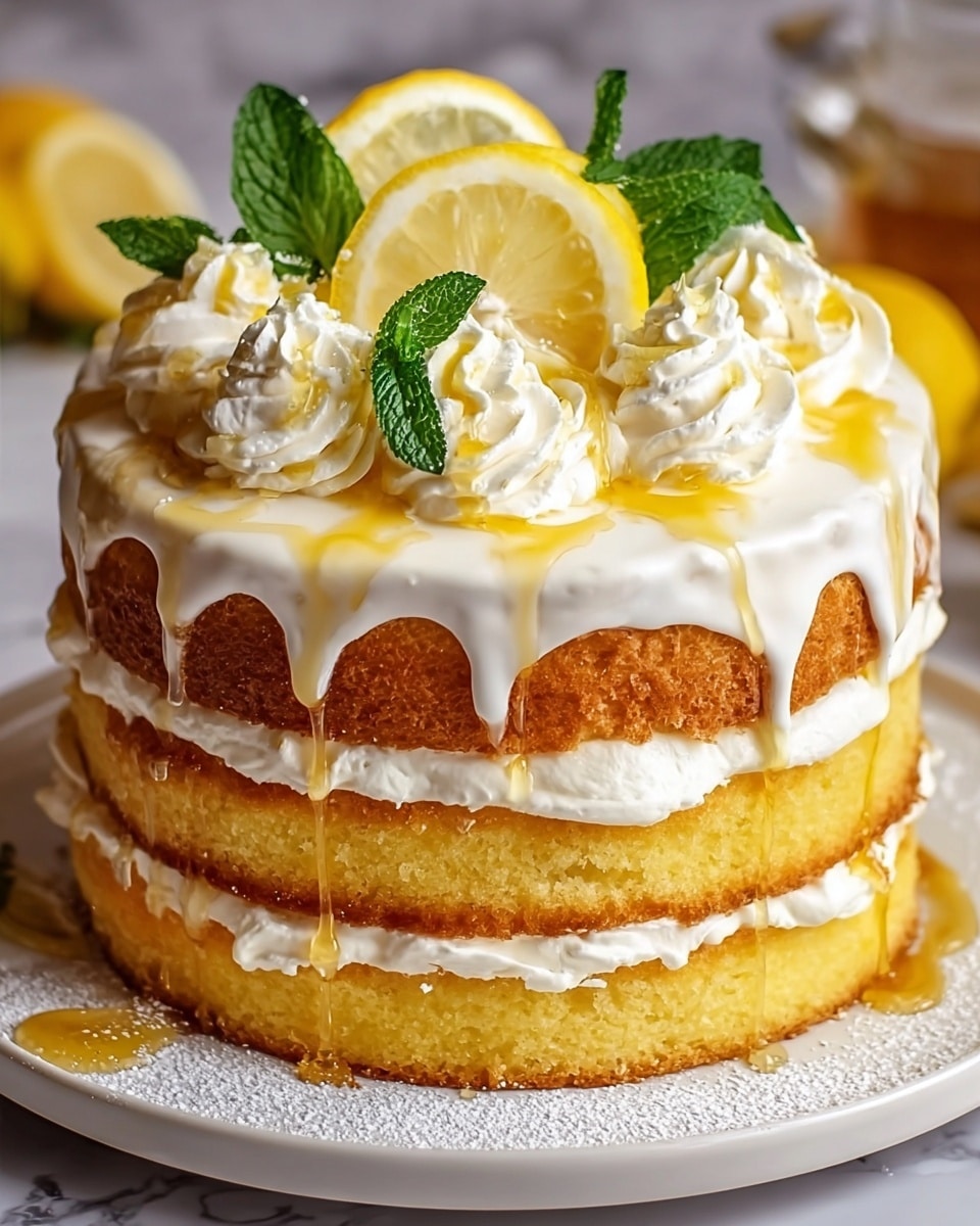 The image shows a three-layer yellow sponge cake with white cream filling between each layer. The top of the cake has thick white icing dripping down the sides and is decorated with swirls of whipped cream, two lemon slices, and fresh green mint leaves. A golden syrup is drizzled lightly over the icing and whipped cream. The cake sits on a white plate placed on a white marbled surface, with some powdered sugar dusted around the base. Photo taken with an iphone --ar 4:5 --v 7