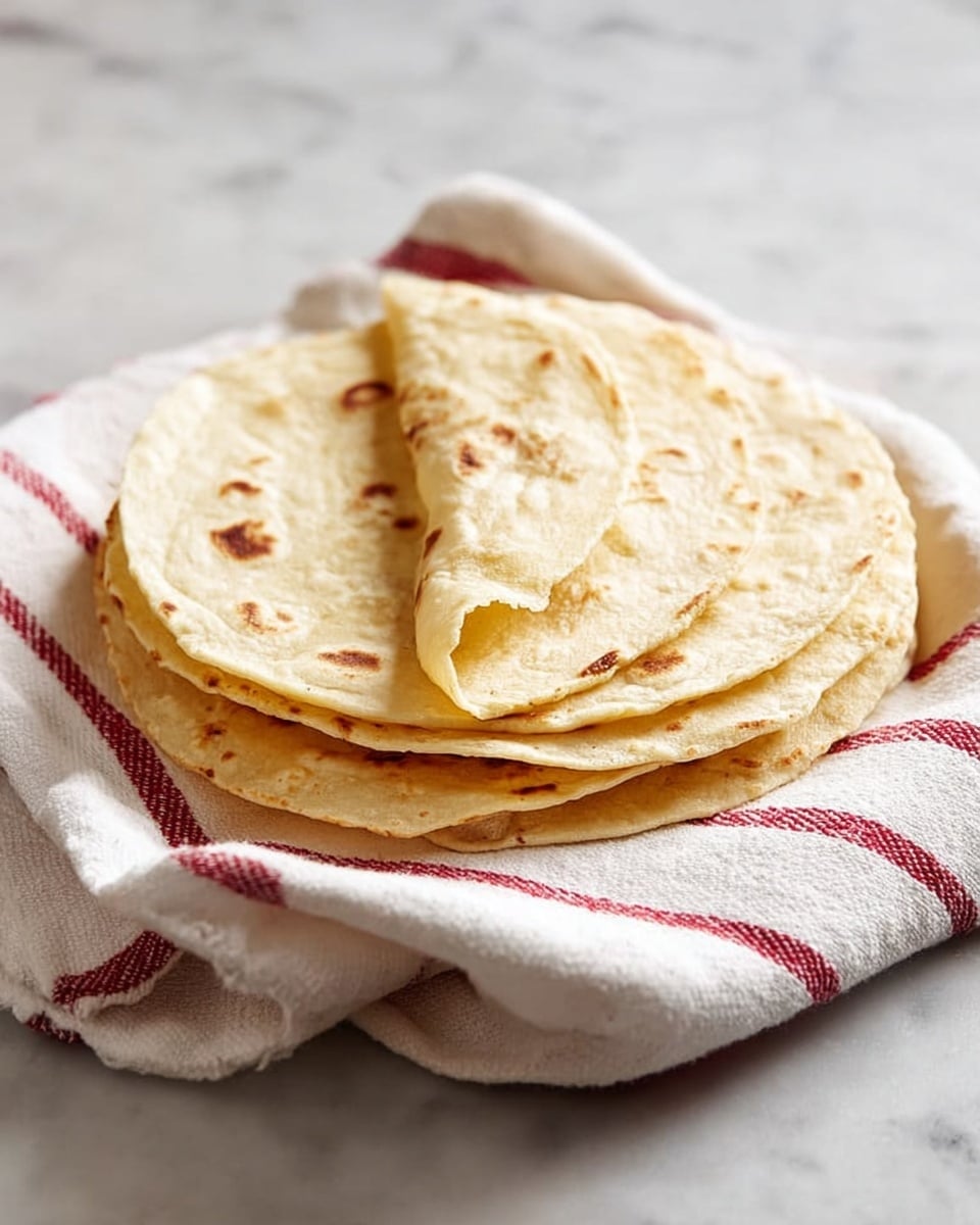 A stack of seven flat, round tortillas with a light golden color and a few darker brown spots sits on a white cloth. Each tortilla looks soft and slightly uneven around the edges, showing thin layers stacked neatly on top of each other. The whole stack rests on a white marbled surface, giving a clean and fresh look. photo taken with an iphone --ar 4:5 --v 7