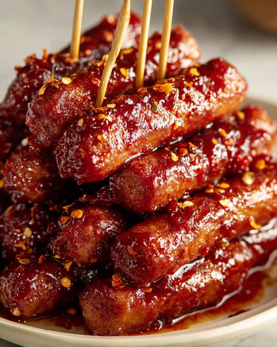 The image shows a close-up of several thick sausage sticks stacked on top of each other on a white plate with a white marbled surface underneath. Each sausage stick is coated in a dark reddish-brown sticky glaze that shines brightly. The glaze has visible small bits of crushed chili flakes scattered over the surface, adding texture and color contrast. Three wooden skewers rise vertically from the sausages, each skewer going through a different stick, showing the dish is served in stick form. The overall look is glossy, richly sauced, and appetizing with a deep red glaze covering the evenly cooked sausages. photo taken with an iphone --ar 4:5 --v 7
