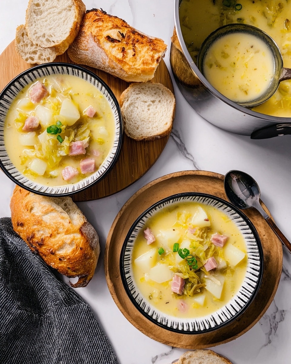 Two bowls with black and white striped rims hold a creamy yellow soup filled with soft white potato chunks, small pieces of pink meat, and light green cooked cabbage, topped with small green onion slices. The bowls sit on a wooden board with slices of crusty white bread next to them. On the right, a silver pot with soup and a ladle inside rests on the white marbled surface. A black and white striped cloth is placed on the bottom left corner. photo taken with an iphone --ar 4:5 --v 7