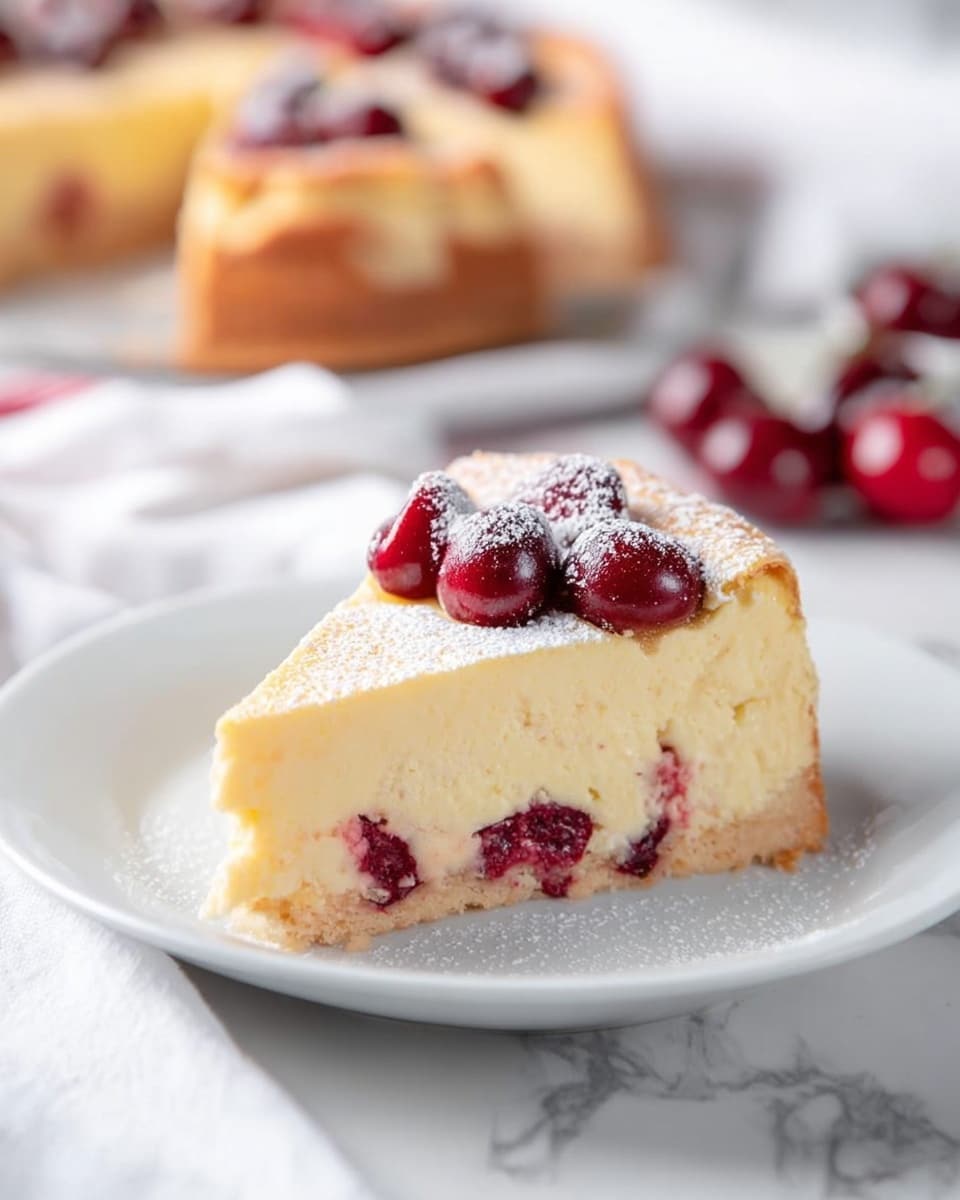 A slice of creamy cheesecake with a smooth pale yellow filling sits on a white plate. The cheesecake has a light golden crust at the base and edges. On top, whole and halved red cherries are partially embedded in the cheesecake, dusted with a light layer of powdered sugar. In the background, a blurred whole cheesecake and some more cherries are visible, all on a white marbled surface. photo taken with an iphone --ar 4:5 --v 7