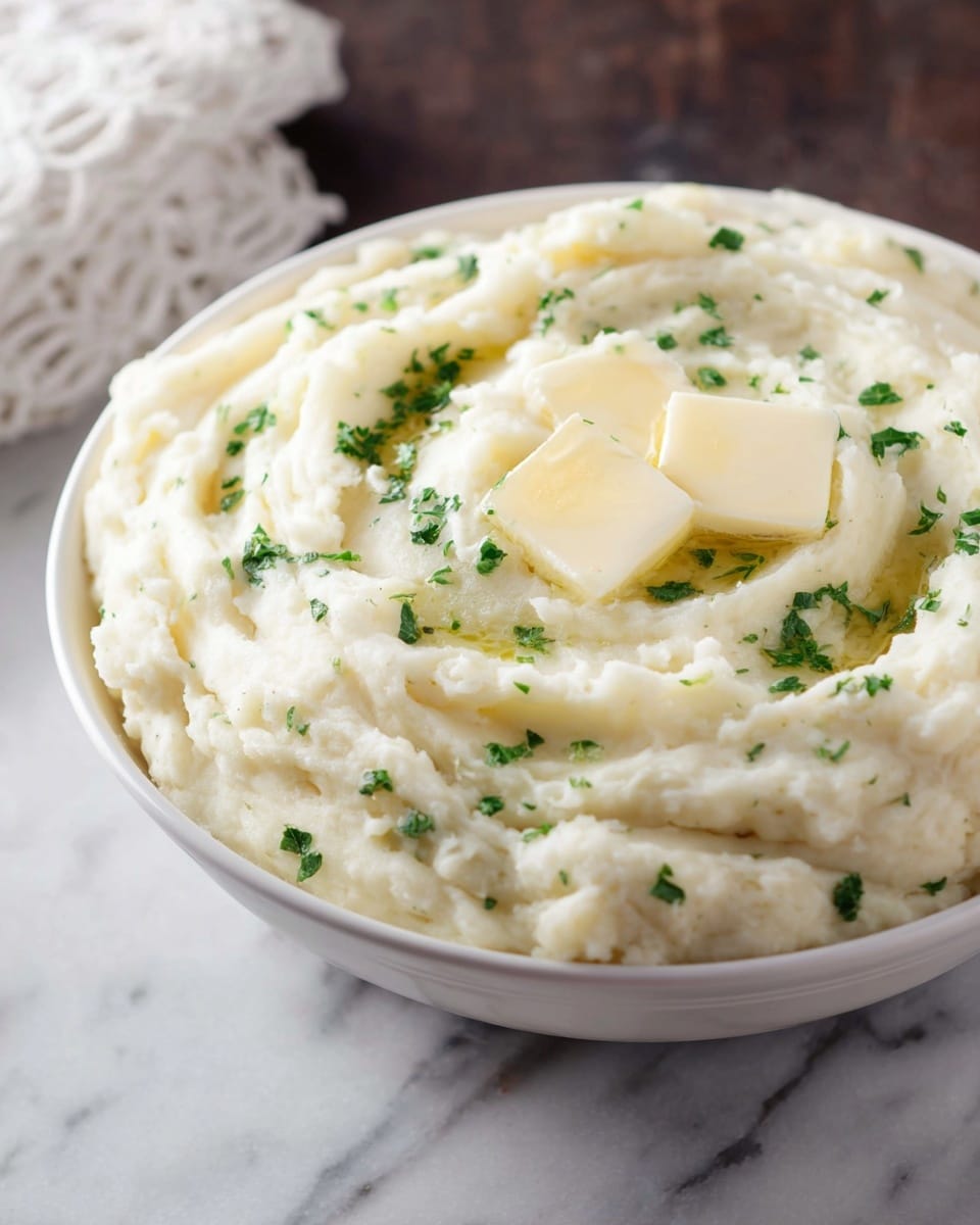 A bowl filled with creamy mashed potatoes, smooth and fluffy in texture, spread with soft swirls all around the inside of the bowl. On the top center, there are two small square pats of butter melting slightly into the warm potatoes. Scattered lightly over the surface are small green parsley pieces adding a fresh color contrast. The bowl is white and sits on a white marbled texture, with a hint of a white patterned object in the background. photo taken with an iphone --ar 4:5 --v 7