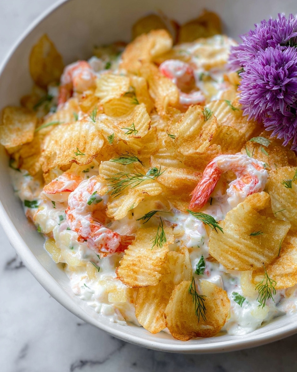 A white bowl filled with a creamy white sauce at the bottom, topped with a layer of golden crinkle-cut potato chips scattered unevenly, with small pieces of pinkish-red cooked shrimp placed among the chips. Tiny green herbs, possibly dill and basil leaves, are sprinkled lightly over the dish, and a purple flower cluster rests on the right side of the bowl edge. The white marbled surface is partially visible at the bottom and sides. photo taken with an iphone --ar 4:5 --v 7