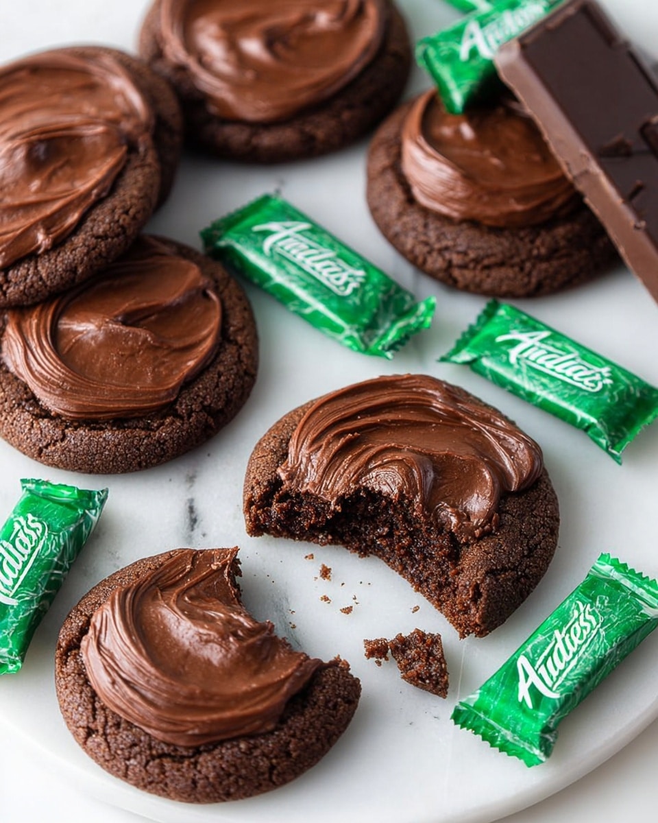 The image shows six round chocolate cookies arranged on a white plate with a white marbled surface underneath, each cookie topped with a thick, swirled layer of smooth, dark chocolate frosting that has a shiny texture. One cookie is broken into two pieces, showing the soft and slightly crumbly interior matching the dark brown exterior. On top of one cookie are two small rectangular green-wrapped Andes chocolates, with more green-wrapped Andes chocolates scattered around the cookies. A piece of unwrapped dark brown Andes chocolate is also visible near the top right side. The whole setup is bright and clear, emphasizing the rich textures and colors of the chocolate. Photo taken with an iphone --ar 4:5 --v 7