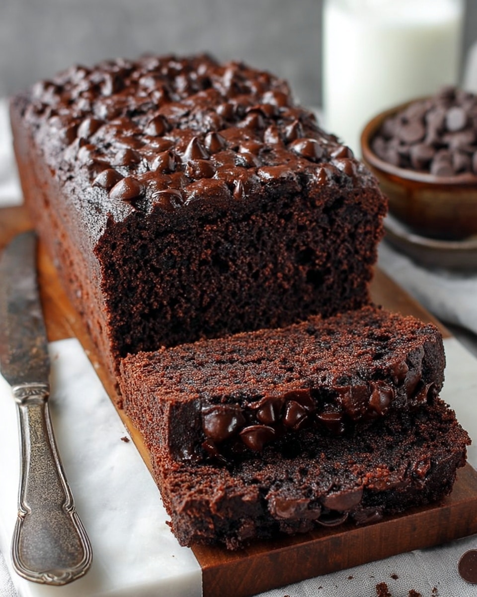 A loaf of dark chocolate cake with rich, moist texture sits on a wooden board over a white marbled surface. The cake has dense, deep brown layers with small pockets of melted chocolate inside, and the top is covered with a thick layer of glossy chocolate chips. Two slices are cut from the front, showing the crumbly, fudgy inside packed with chocolate bits. A vintage knife lies to the side, and a glass of milk and a bowl filled with chocolate chips appear softly blurred in the background. photo taken with an iphone --ar 4:5 --v 7
