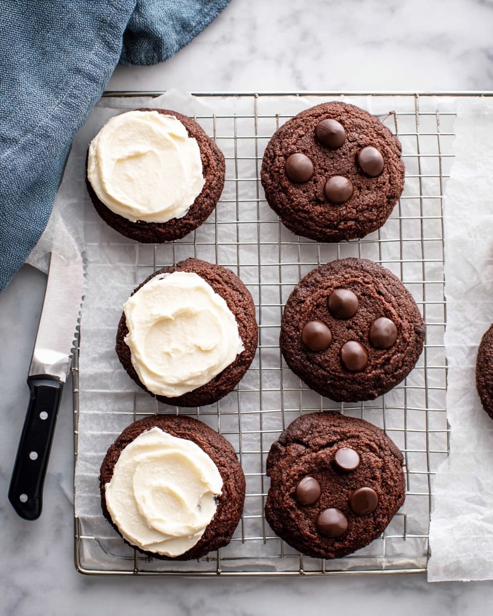 There are six round chocolate cookies on a cooling rack placed over parchment paper on a white marbled surface. Three cookies have a thick layer of smooth, creamy white frosting spread evenly on top, covering the entire surface. The other three cookies are plain but each has three large, shiny chocolate chips embedded on top. The cookies appear soft and slightly textured, with slight cracks and a rich dark brown color. A black-handled knife with white frosting on the blade lies next to the rack, and a blue cloth is partially visible in the upper left corner. photo taken with an iphone --ar 4:5 --v 7