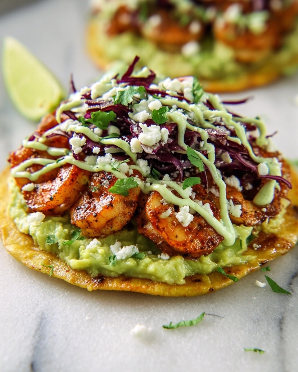 The dish is a tostada with four clear layers arranged on a white marbled surface. The bottom layer is a crisp, flat golden-brown corn tortilla. On top of this is a thick spread of green guacamole, smooth and creamy in texture. Over the guacamole, there are thin strips of dark purple cabbage and small cubes of white onion scattered evenly. The next layer has a pile of six to eight grilled, lightly charred shrimp with a reddish-brown seasoning. The final layer is a drizzle of pale green creamy sauce zigzagged across the shrimp, sprinkled with small bits of white crumbly cheese and garnished with chopped fresh green cilantro. Photo taken with an iphone --ar 4:5 --v 7