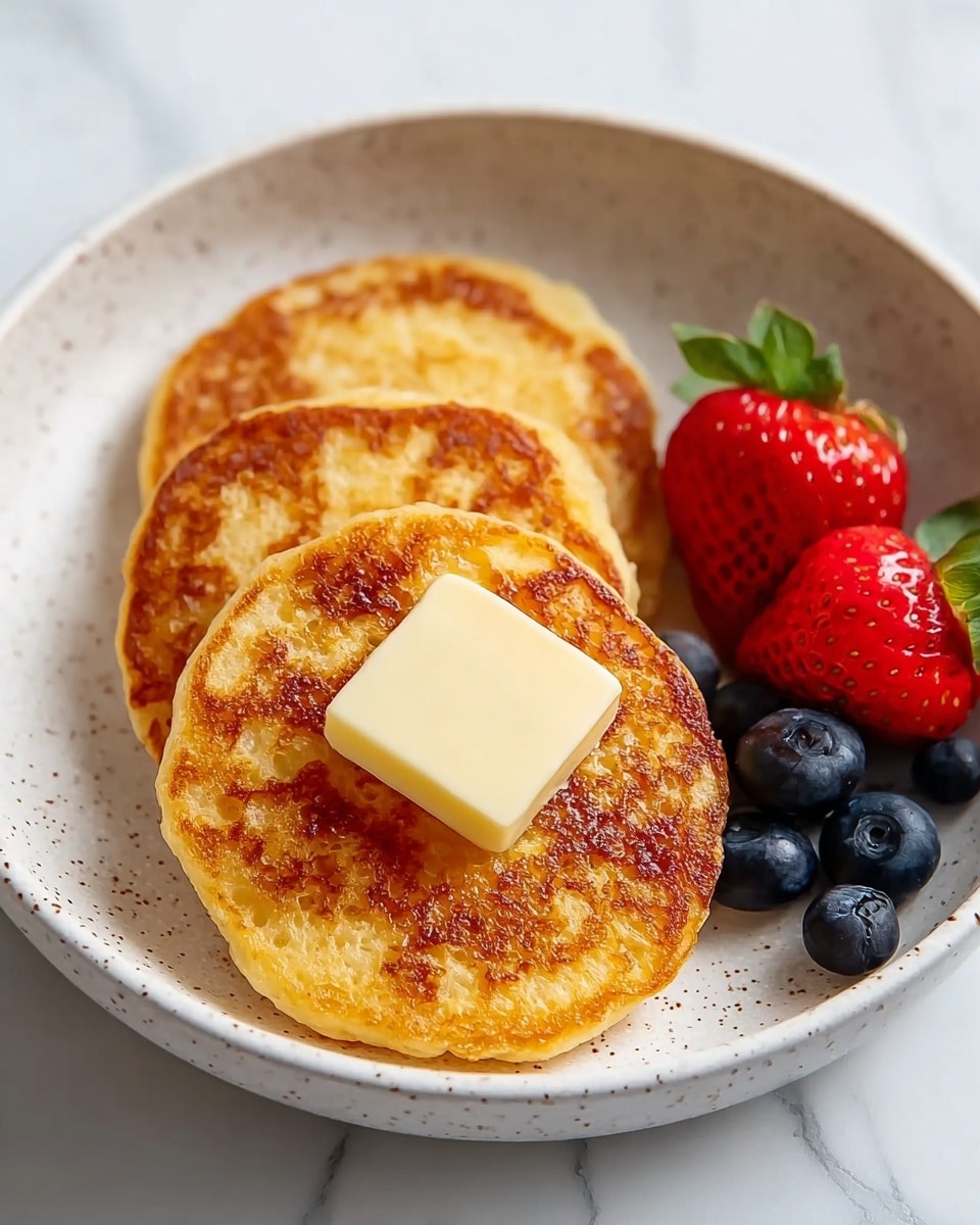 The image shows a white bowl with a speckled pattern holding three golden-brown pancakes stacked slightly overlapping. On top of the front pancake, there is a square piece of light yellow butter starting to melt. To the side of the pancakes, a small pile of fresh berries, including two bright red strawberries with green leaves and several dark blue blueberries, adds color and freshness to the dish. The bowl is set on a white marbled surface, adding a clean and elegant background. photo taken with an iphone --ar 4:5 --v 7