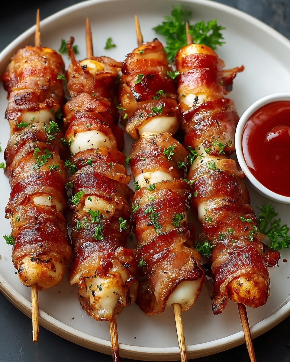 The image shows six skewers of small, golden-brown cheese wrapped tightly with crispy, reddish-brown bacon, each piece glistening with a light layer of oil and sprinkled with chopped green herbs. The cheese has a smooth and slightly melted texture, visible between the strips of bacon, which have crispy edges and some charring for a smoky look. The skewers are placed on a white bowl with a dark inside, and a small round white bowl filled with red chili flakes sits behind the skewers. The whole setup is on a white marbled surface, giving the scene a clean and fresh look. photo taken with an iphone --ar 4:5 --v 7