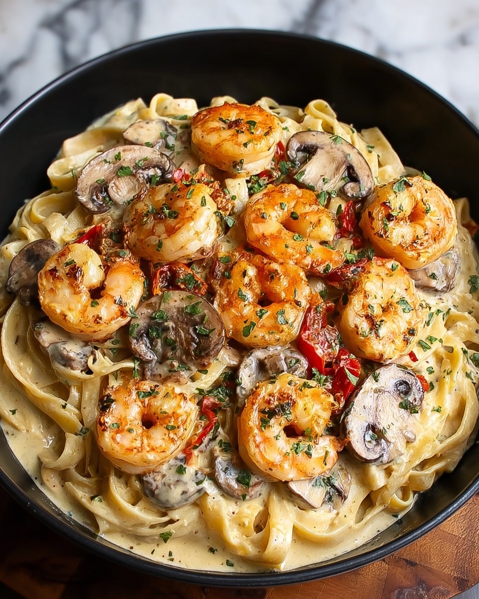 The dish shows a black pan filled with creamy fettuccine pasta as the base layer, coated in a light beige sauce. On top of the pasta are several brown-cooked mushroom slices scattered around, each with a slightly shiny texture from the sauce. There are also bright orange cooked shrimp placed evenly over the mushrooms and pasta, with a few small pieces of red pepper adding color contrast. The dish is garnished with small, fresh green herb bits sprinkled across the top. The pan sits on a white marbled surface. photo taken with an iphone --ar 4:5 --v 7