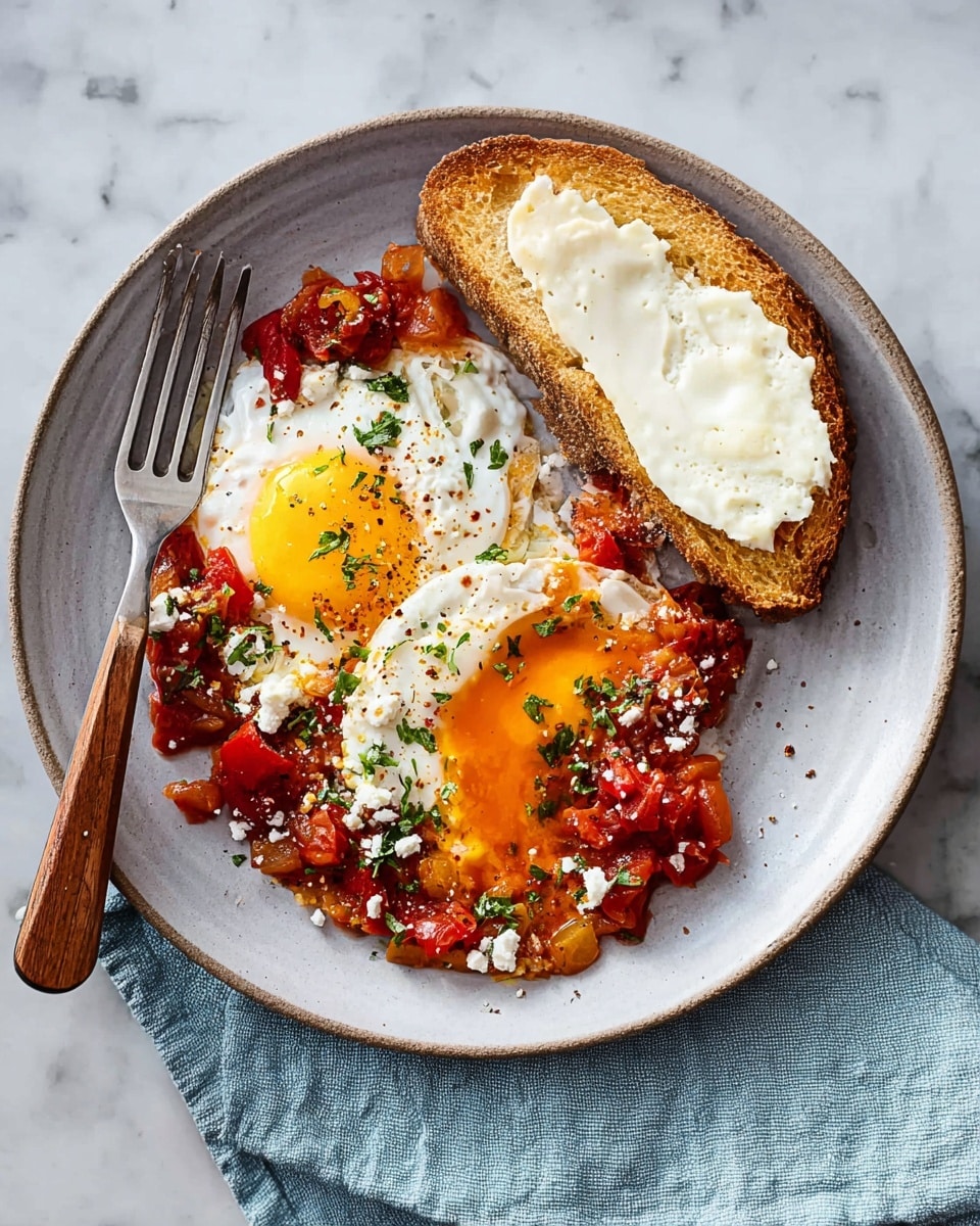 A black cast iron skillet filled with a thick layer of bright red cooked tomato sauce, mixed with chunks of red bell pepper and seasonings, topped with six eggs cooked sunny-side up with vibrant yellow yolks and soft white edges, sprinkled generously with white crumbled cheese and finely chopped green herbs scattered evenly on top. The skillet sits on a white marbled surface providing contrast to the rich colors of the dish. photo taken with an iphone --ar 4:5 --v 7