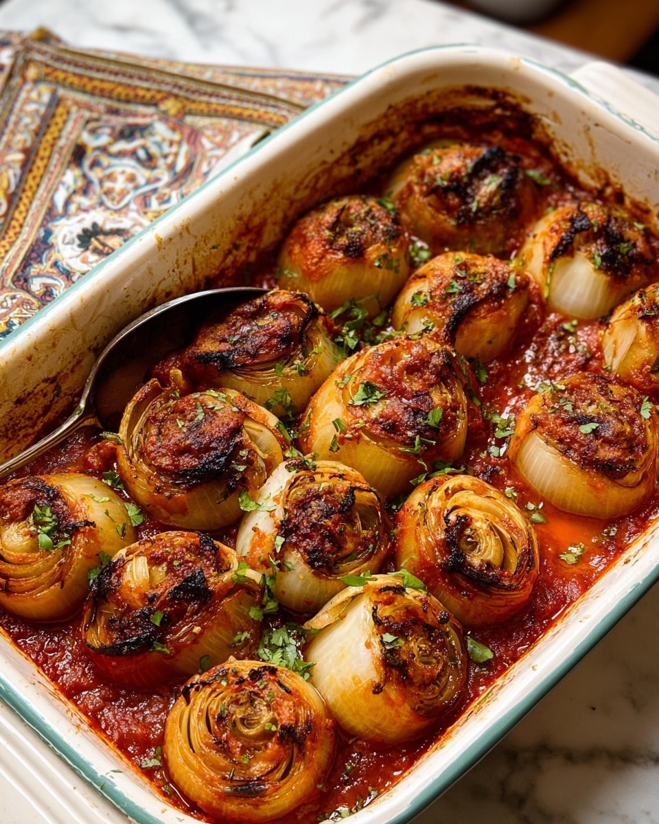 A white ceramic baking dish filled with baked stuffed onions, each onion layered with a shiny light brown and slightly charred skin, sitting in a thick red tomato sauce that coats the bottom of the dish. The onions are arranged in four rows, some near halves and some more rounded, all topped with small bits of green chopped herbs. A silver spoon is placed inside the dish on the top left corner, resting between the onions. The dish is set on a white marbled surface with part of a patterned cloth in the background. Photo taken with an iphone --ar 4:5 --v 7