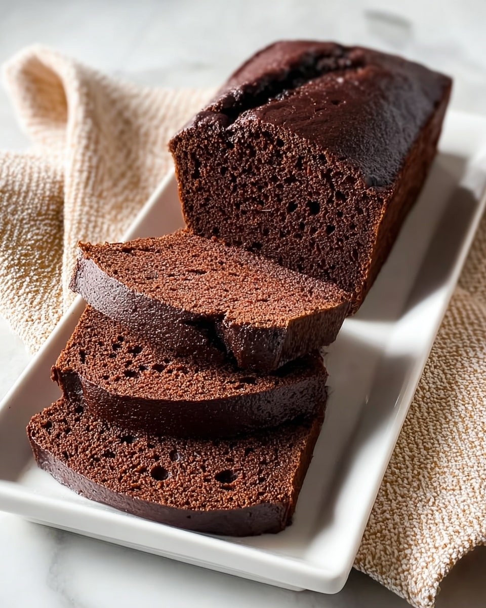 A dark brown chocolate cake loaf with a moist texture is displayed on a white rectangular plate. The cake is sliced into three thick pieces, showing a soft, crumbly interior with tiny air holes. The top crust is slightly cracked and glossy, giving it a rich, dense look. The plate sits on a white marbled surface, next to a folded beige cloth with a woven pattern. photo taken with an iphone --ar 4:5 --v 7