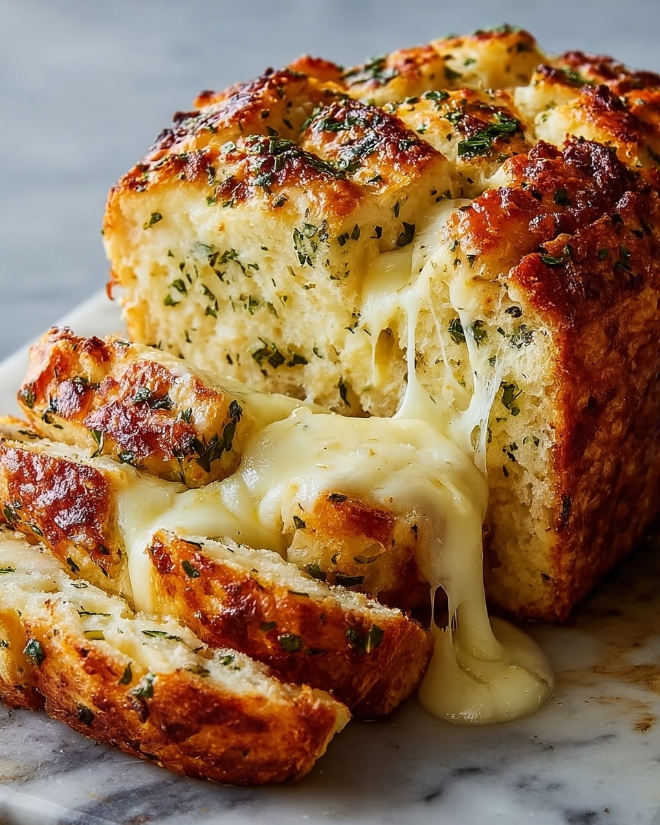 A loaf of golden brown bread is pulled apart in thick pieces, showing soft, white, stretchy melted cheese oozing between the layers. The bread surface is crispy with visible herbs sprinkled across it, adding green and speckled textures on top of the shiny crust. The inside of the bread looks fluffy and light yellow, soaked slightly with melted cheese. The bread sits on a white marbled surface. photo taken with an iphone --ar 4:5 --v 7