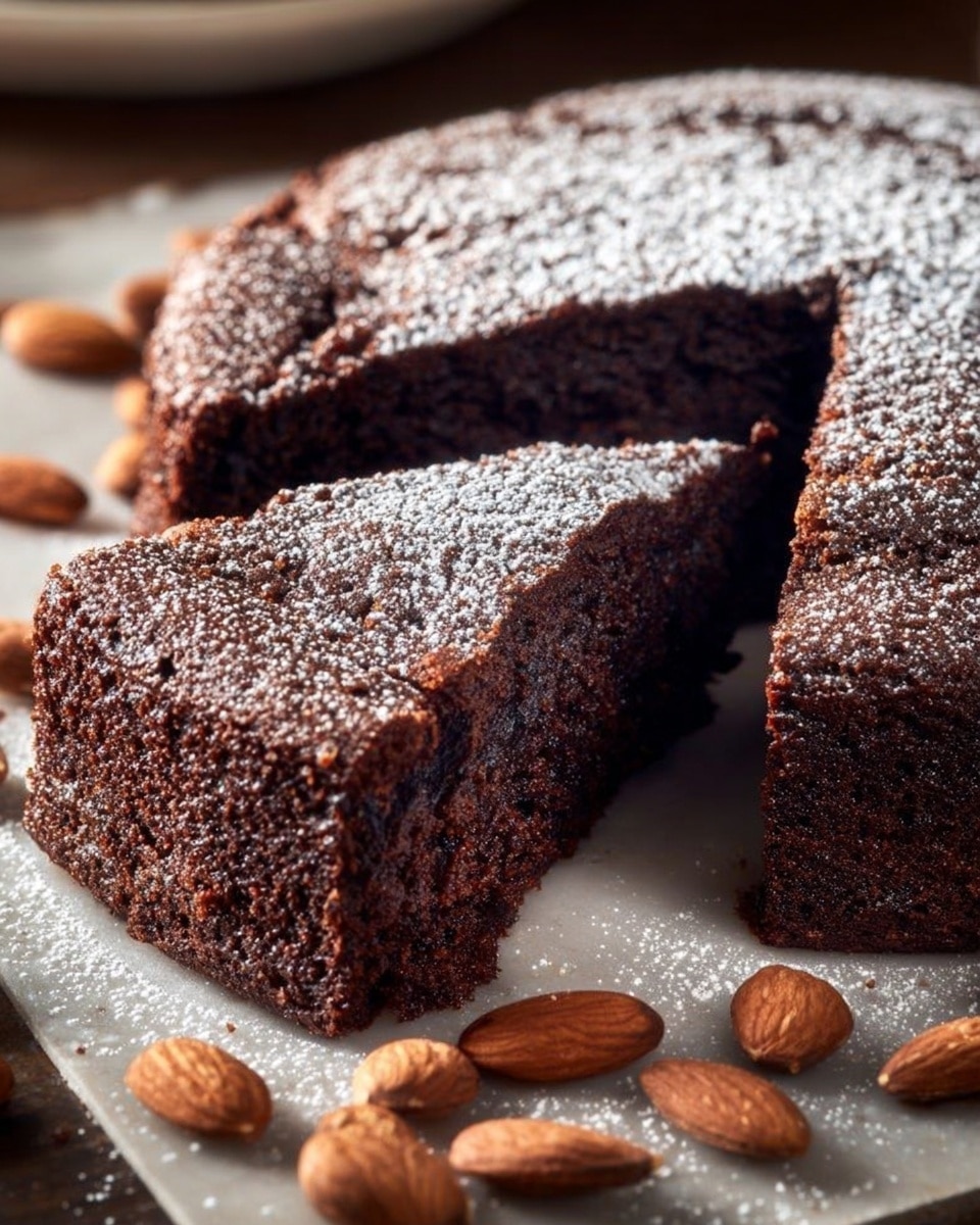 A single-layer dark chocolate cake with a rough, moist texture is shown with one slice cut out and slightly lifted. The top surface has a light dusting of white powdered sugar, highlighting its cracked appearance. The rich brown color of the cake contrasts with the white marbled texture beneath. Around the cake are scattered whole almonds, adding a natural touch to the scene. Photo taken with an iphone --ar 4:5 --v 7