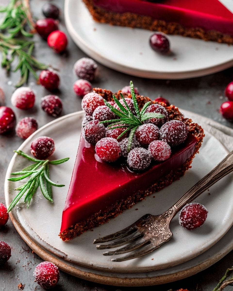 A slice of bright red cranberry tart sits on a white plate, showing three clear layers: a rough, crumbly brown crust on the bottom and edges, a smooth and glossy red cranberry filling in the middle, and a topping of shiny whole cranberries, some covered in sugar crystals, paired with fresh green rosemary sprigs. The tart slice is angled slightly, with a metal fork resting on the plate beside it. Around the plate, scattered fresh cranberries, frosted cranberries, and rosemary sprigs add texture and color against the white marbled background. In the top corner, part of another white plate with a similar tart slice is just visible. photo taken with an iphone --ar 4:5 --v 7