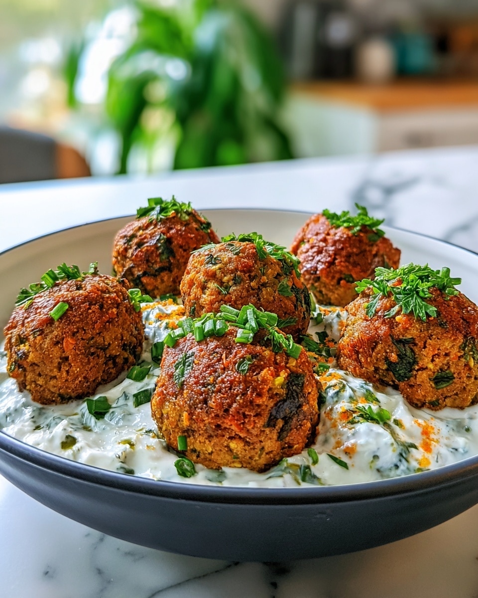 Five browned falafel balls with small pieces of green herbs and orange spices are placed on a bed of creamy white yogurt sauce with green herb bits. The falafel balls are round and have a crispy, rough texture on the outside, while the yogurt sauce looks smooth and slightly thick. Fresh green chopped herbs are sprinkled on top of the falafel balls. All of this is served in a white bowl with a dark inside, set on a white marbled surface. The background is softly blurred with green leaves and a bright kitchen area visible. Photo taken with an iphone --ar 4:5 --v 7