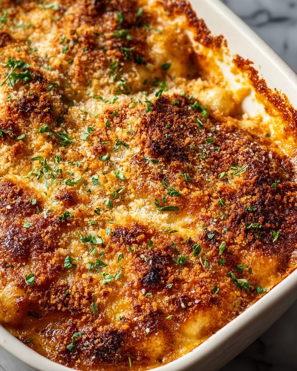 The image shows a close-up view of a baked dish in a white ceramic baking dish. The top layer is golden-brown and crispy with a textured crust of melted cheese and breadcrumbs. The browned cheese is uneven, with darker brown spots scattered throughout, creating a crunchy appearance. Small sprinkles of green herbs are scattered on top, adding flecks of color against the warm golden surface. The edges reveal little glimpses of a softer, creamy layer underneath with a slightly orange tint, hinting at a rich sauce. The overall look is hearty and inviting, with a mix of crunchy and smooth textures. The background is a white marbled surface. photo taken with an iphone --ar 4:5 --v 7
