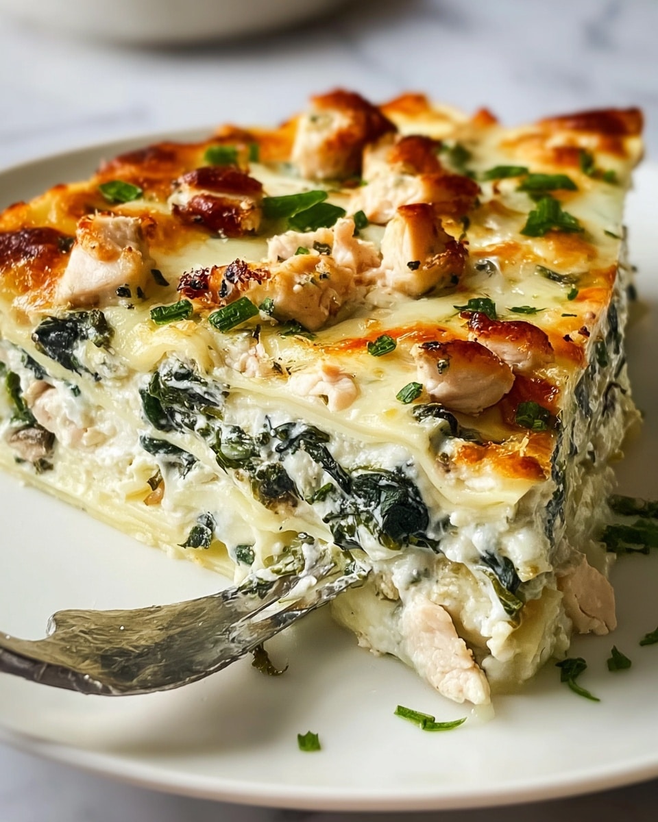 The image shows a close-up of a layered lasagna slice on a white plate with a white marbled surface underneath. The lasagna has three main layers: a bottom layer of pale pasta, a thick middle layer of creamy white cheese mixed with dark green leafy vegetables, and a top layer of melted, golden-brown cheese that looks bubbly and slightly crispy. Small chunks of pale cooked chicken are scattered on top, with green herb pieces sprinkled over for garnish. The texture looks soft and creamy with some browned spots on the cheese. A silver fork is holding the slice from the side. photo taken with an iphone --ar 4:5 --v 7